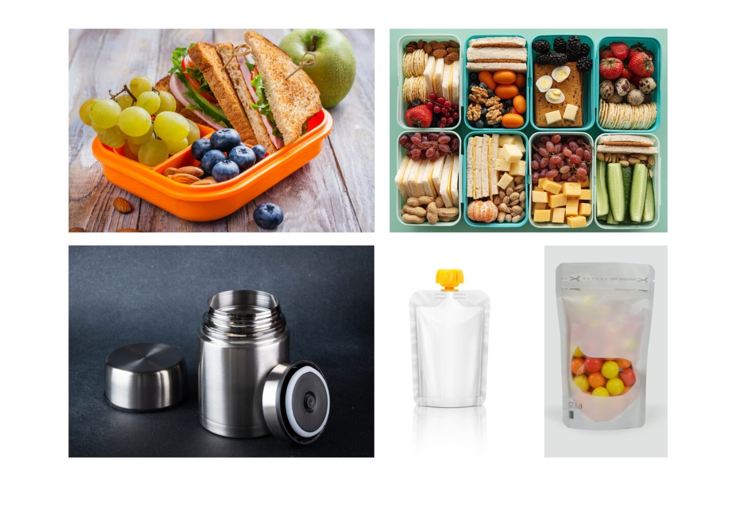 Bento-style lunchboxes, Thermos, reusable snack bags