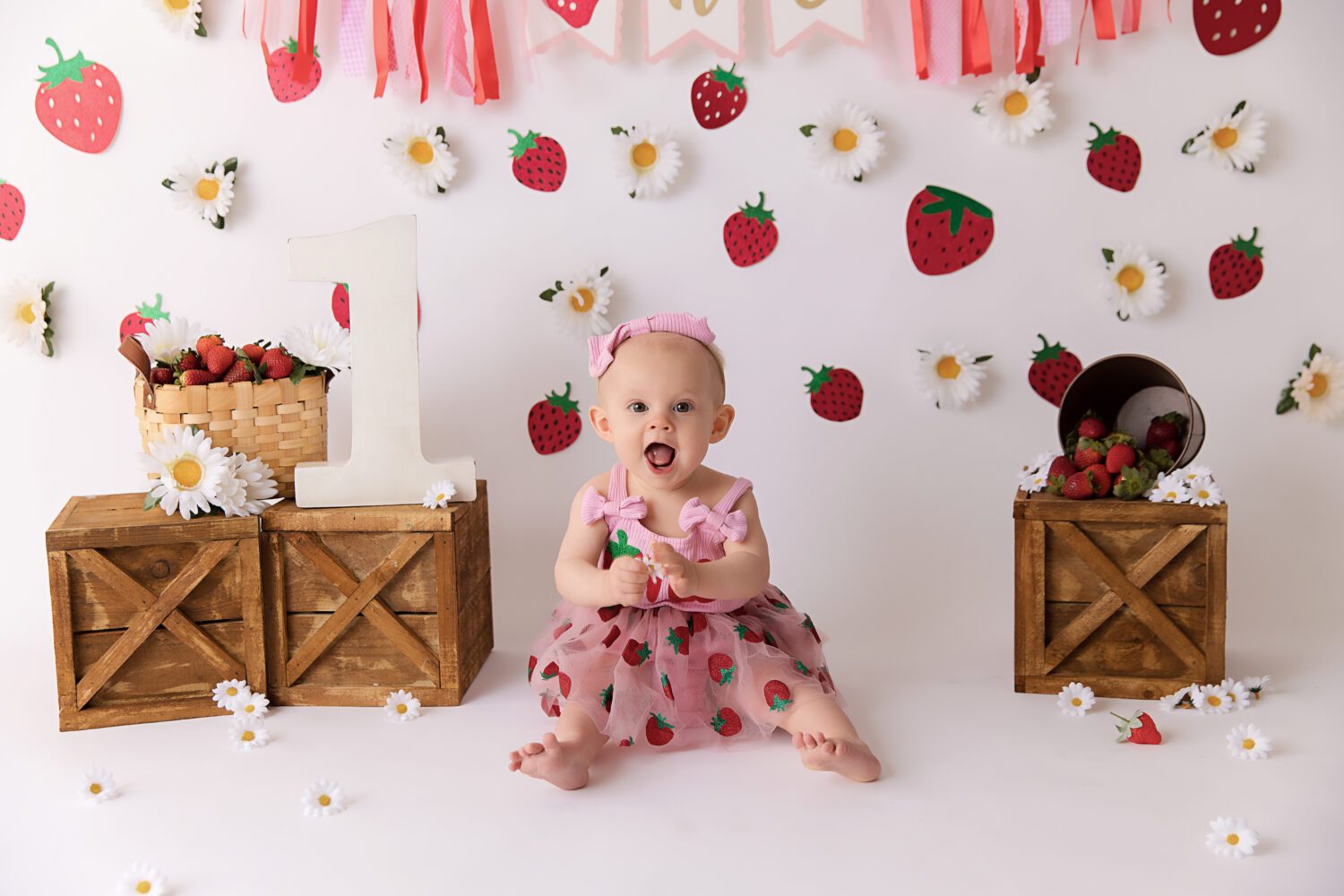 Strawberry and Daisy's on a white backdrop for a berry first birthday cake smash by Melbourne cake smash photographer Aurora Joy Photography